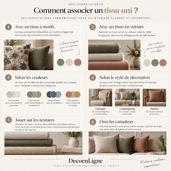 Infographie expliquant comment associer un tissu uni avec un tissu à motifs, un tissu en velours, différentes palettes de couleurs, des styles de décoration variés et des jeux de textures pour créer un intérieur harmonieux.